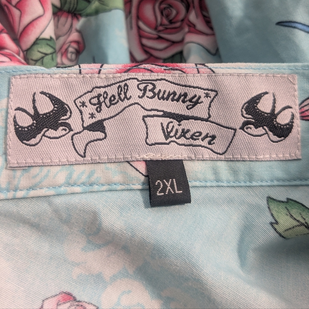 Hell Bunny Vixen Blue Floral Skirt With Birds - Picture 7 of 7